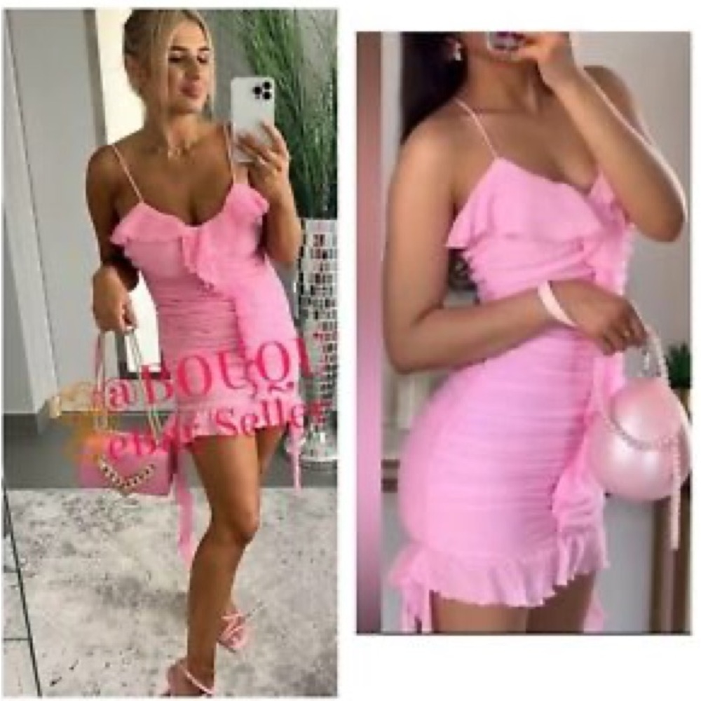 Zara Pink Ruffle Ruched Spaghetti-Strap Mini Dress - Picture 8 of 15